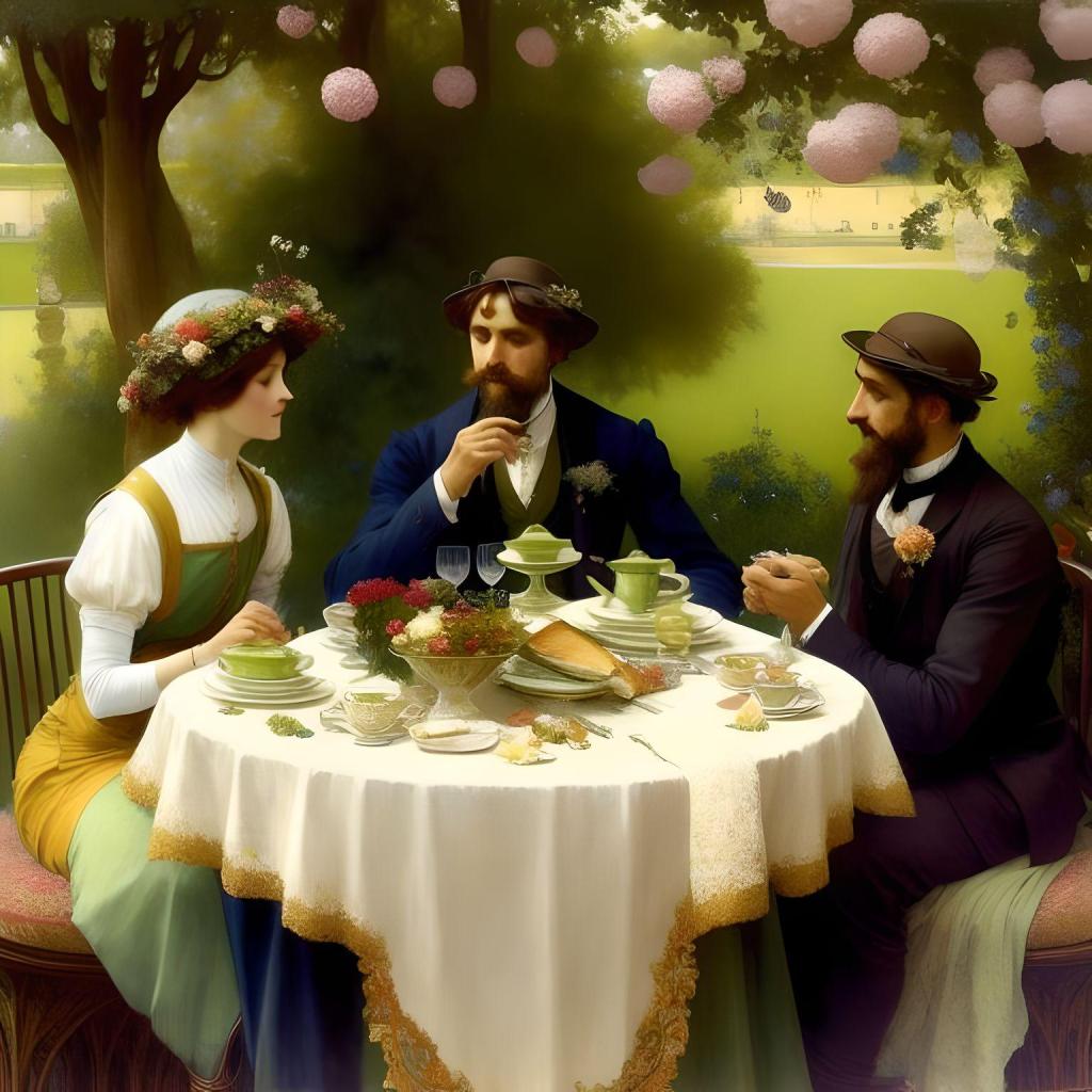 Three turn-of-the-century people, eating breakfast at a table with toast, margarine, and artificial flowers.