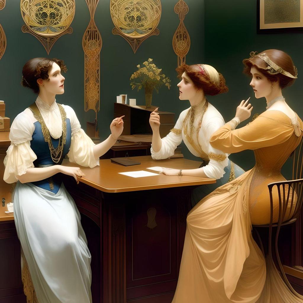 Three art nouveau women, sitting at a table. One woman seems annoyed. Image by Julie Lary, using Fotor.com