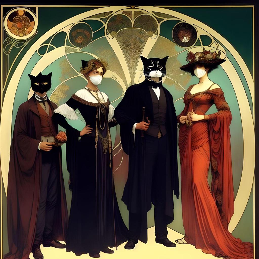 Two women and two men in art nouveau style with the men wearing cat masks and the women wearing medical masks. Image by Jlary using Fotor.com 