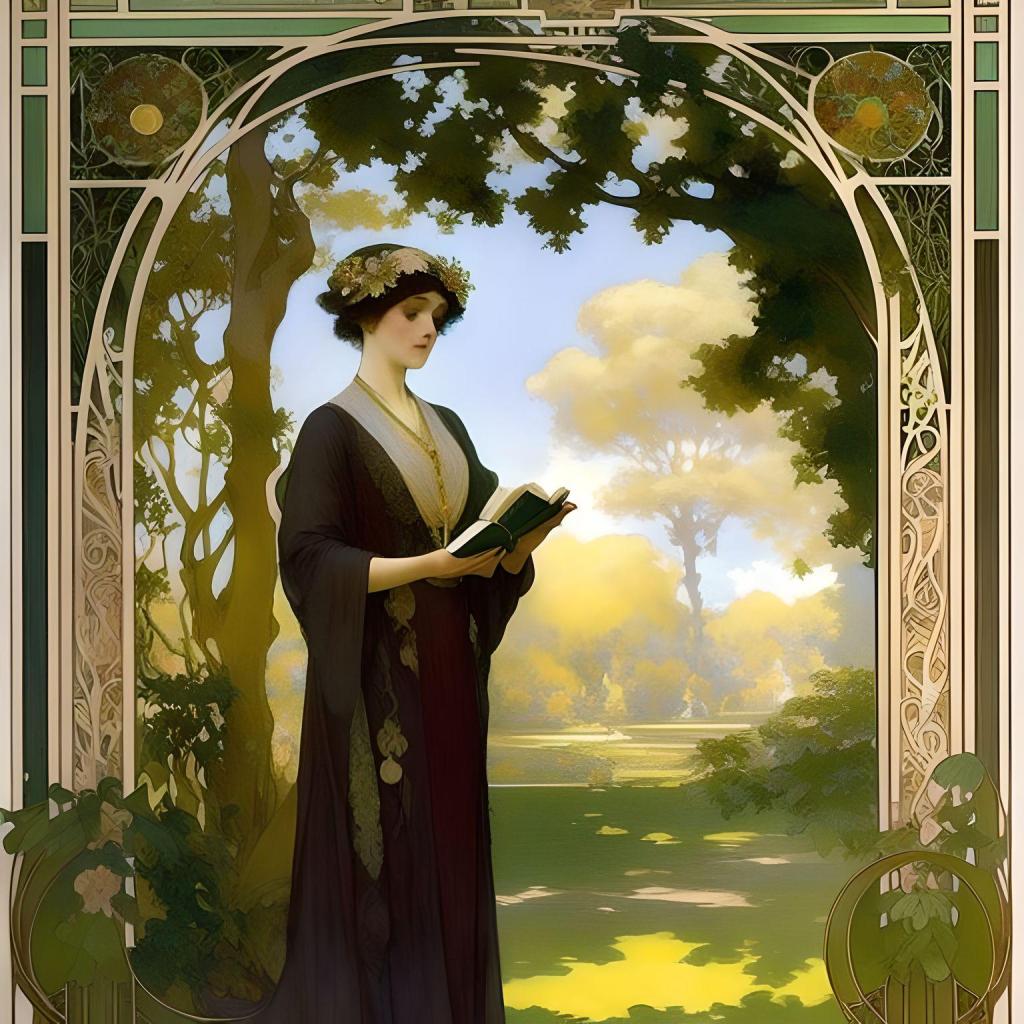 Woman in art nouveau garden, reading a book. Image by Jlary using Fotor.com
