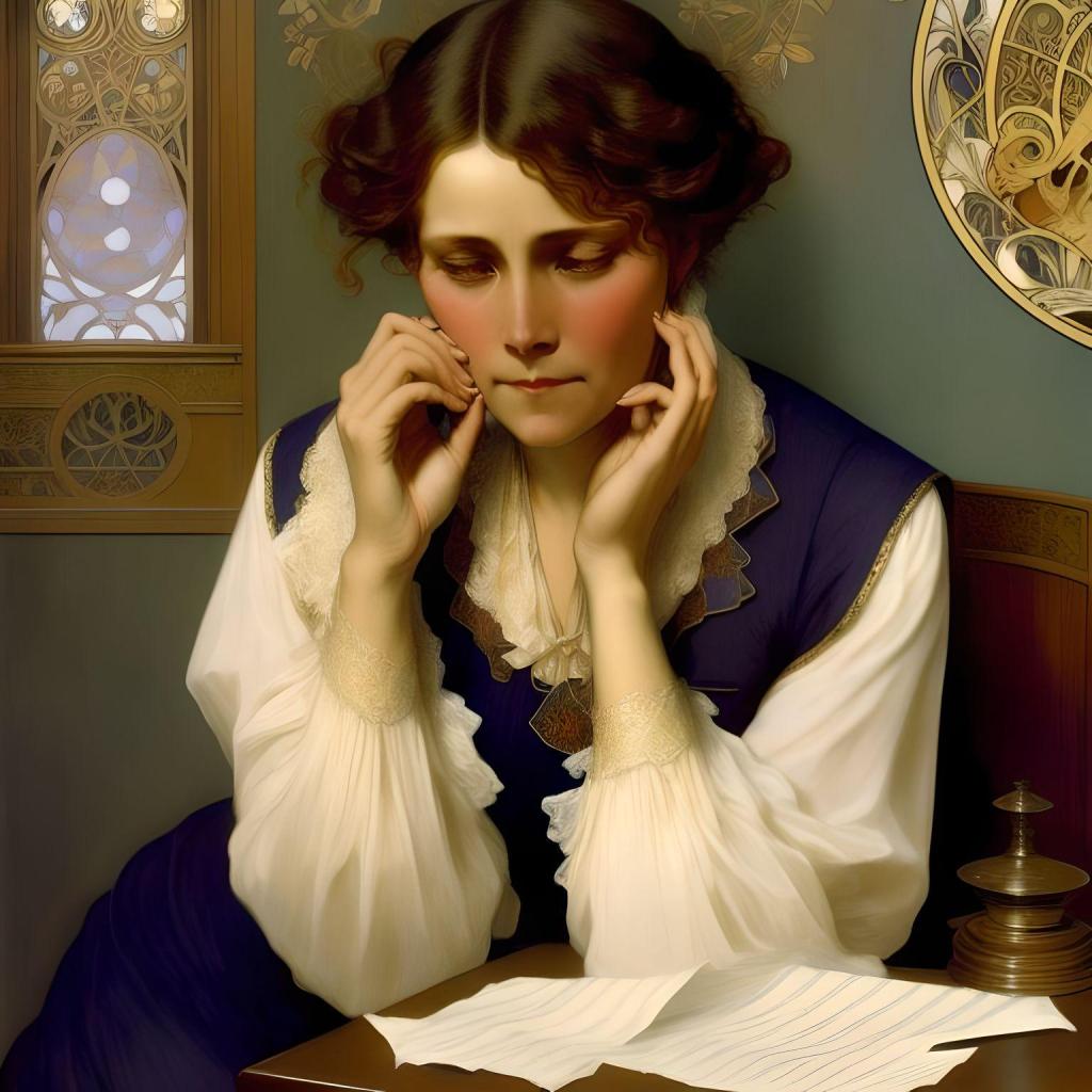 Middle-aged woman looking sad in a white blouse with a purple dress in an Art Nouveau setting 