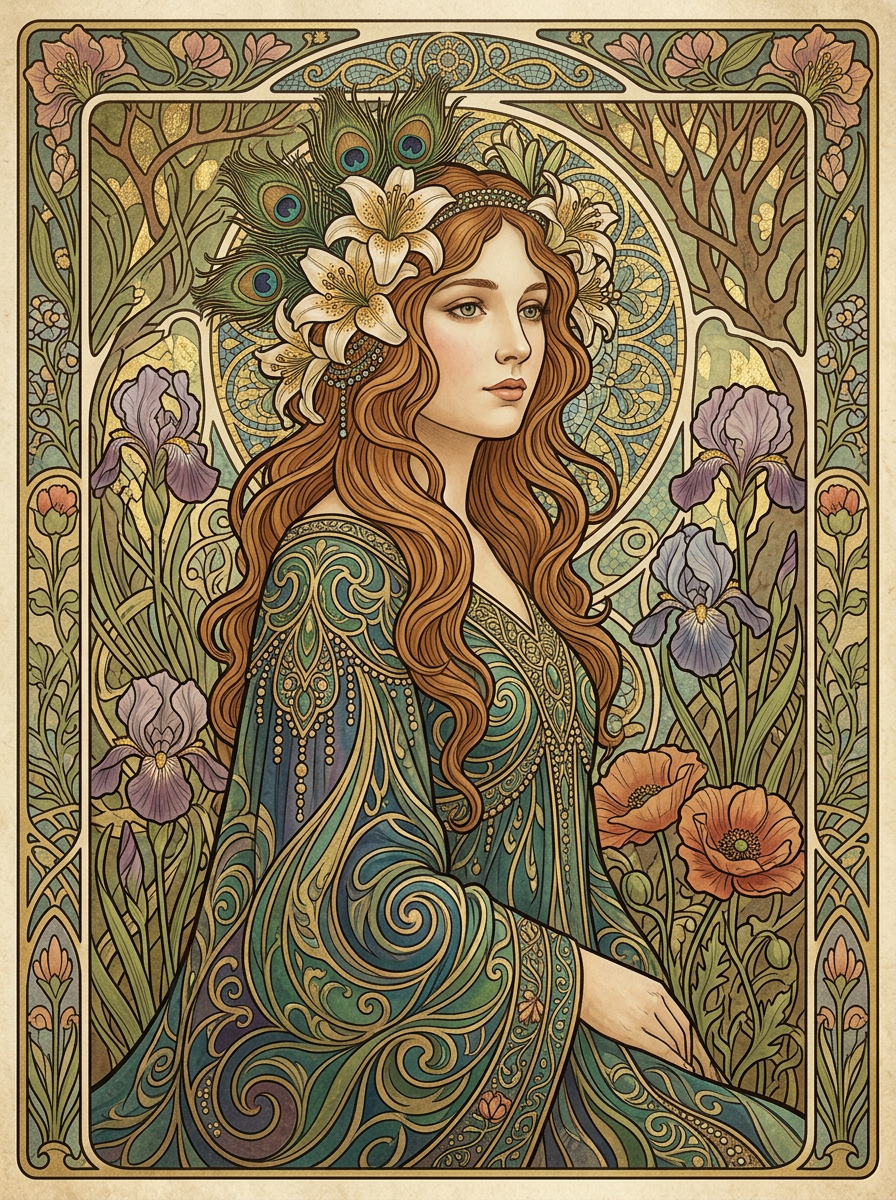Woman with long flowing hair adorned with lilies and peacock feathers in an Art Nouveau style
