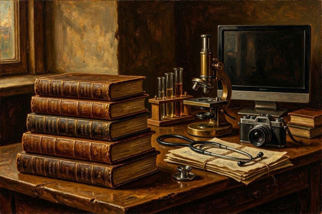 Stack of encyclopedia on a desk with a microscope, computer, test tubes, and other scientific equipment