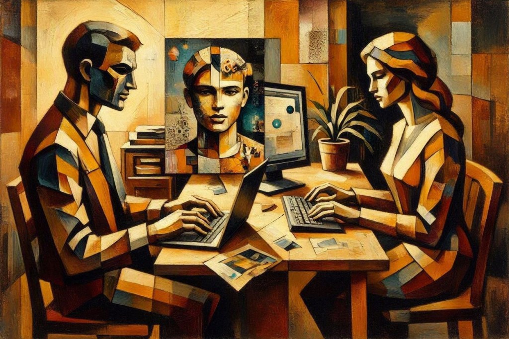 Man and woman in Cubism style, working at PCs, Image by Julie Lary