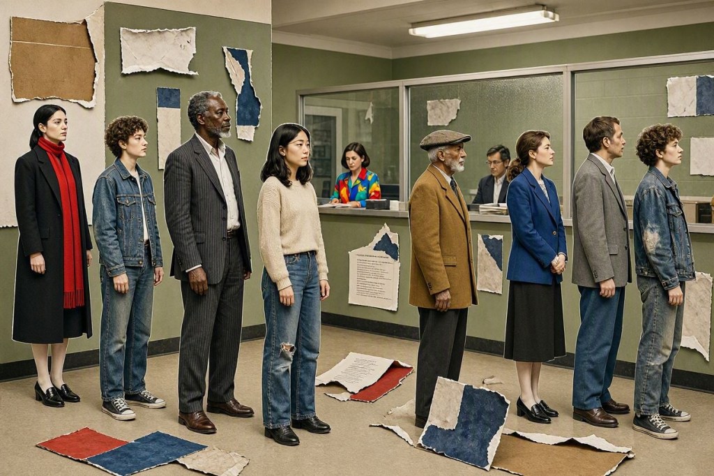 People standing in line at unemployment office.